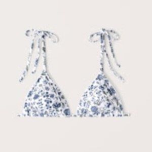 White and Navy Flower Shoulder-Tie Triangle Bikini Top